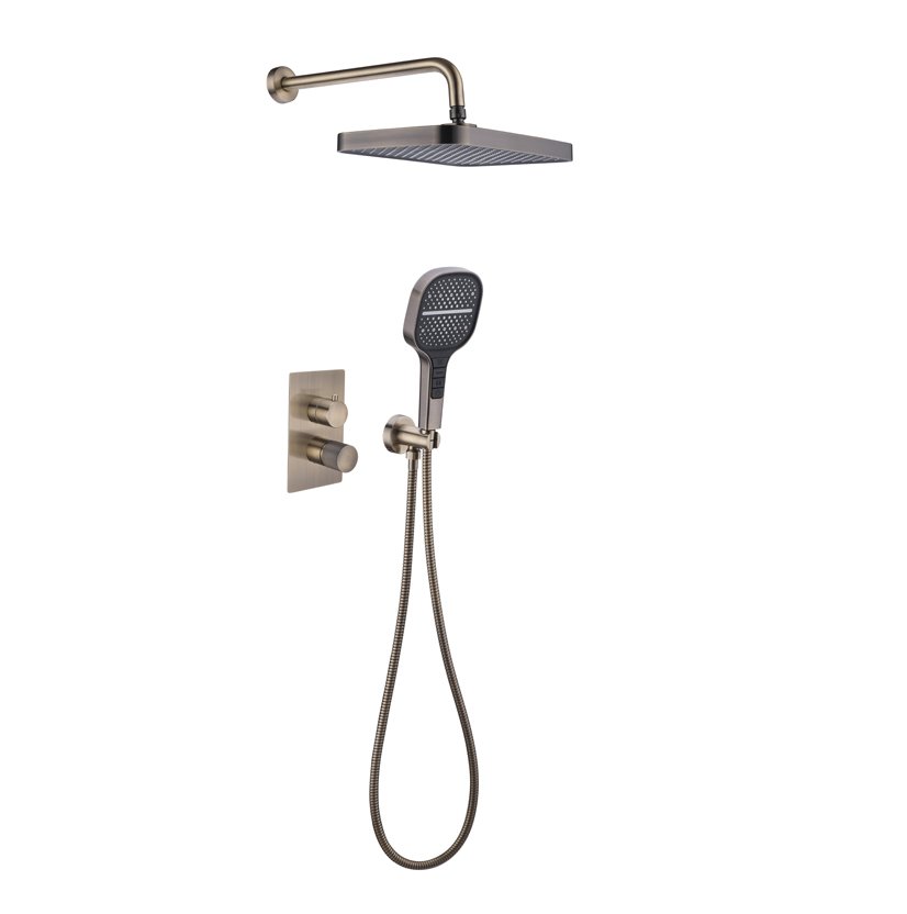 HEIMBERG-FLORA Concealed Bath Shower Combination in Old Brass, featuring a concealed mixer with diverter, hand shower with 30 cm arm and head, and chrome-plated finish