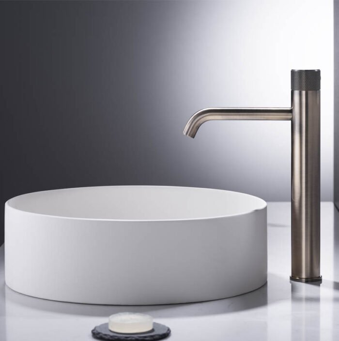 HEIMBERG-FLORA Single Tall Lever Basin Mixer in Old Brass, featuring a brass body, 35mm Sedal Cartridge, and Neoperl Aerator, designed for elevated basin setups