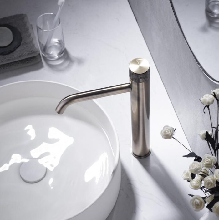 HEIMBERG-FLORA Single Tall Lever Basin Mixer in Old Brass, featuring a brass body, 35mm Sedal Cartridge, and Neoperl Aerator, designed for elevated basin setups