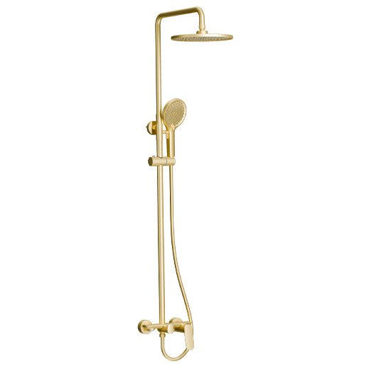 HEIMBERG-URBAN Brushed Gold Shower Column with Bath Mixer HBM-URB-155-Brushed-Gold, featuring a 25 cm round shower head, hand shower, and diverter