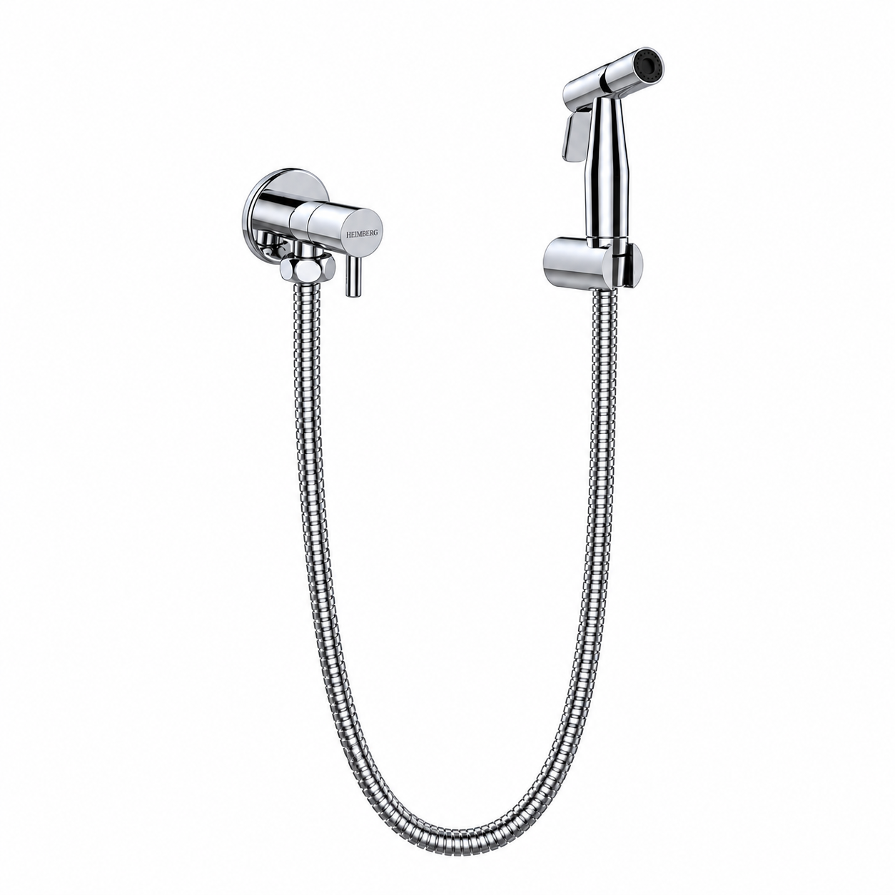 Chrome bidet sprayer kit on white-3