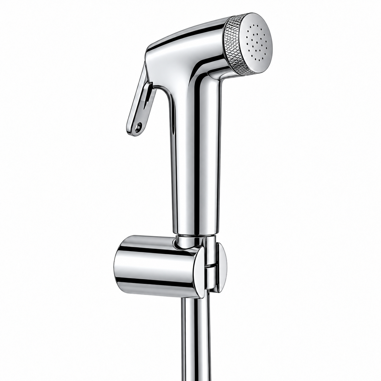 Polished chrome bidet sprayer on white